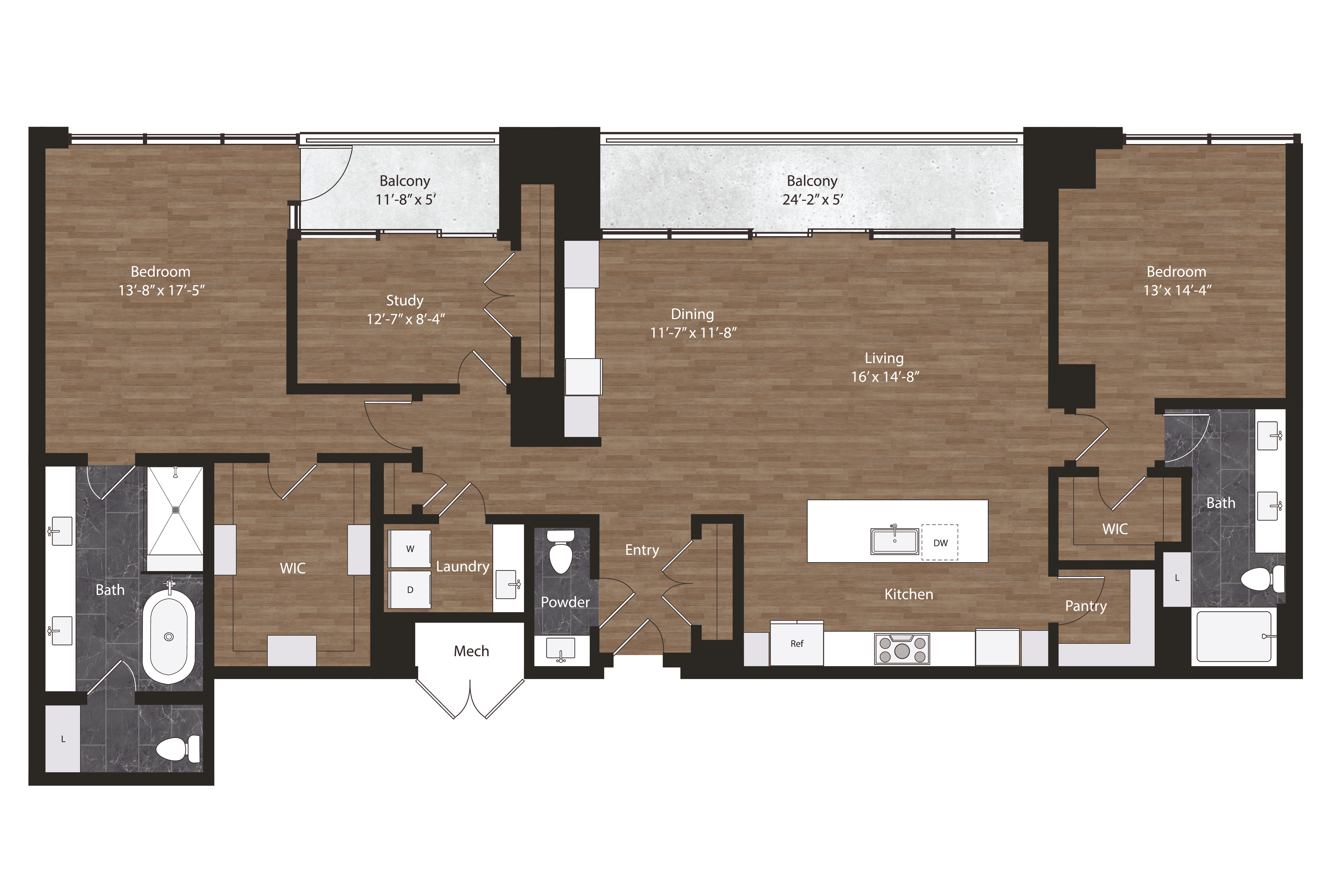 Floor plan layout diagram for 2 Bedrooms Plus Den, 2.5 Bath